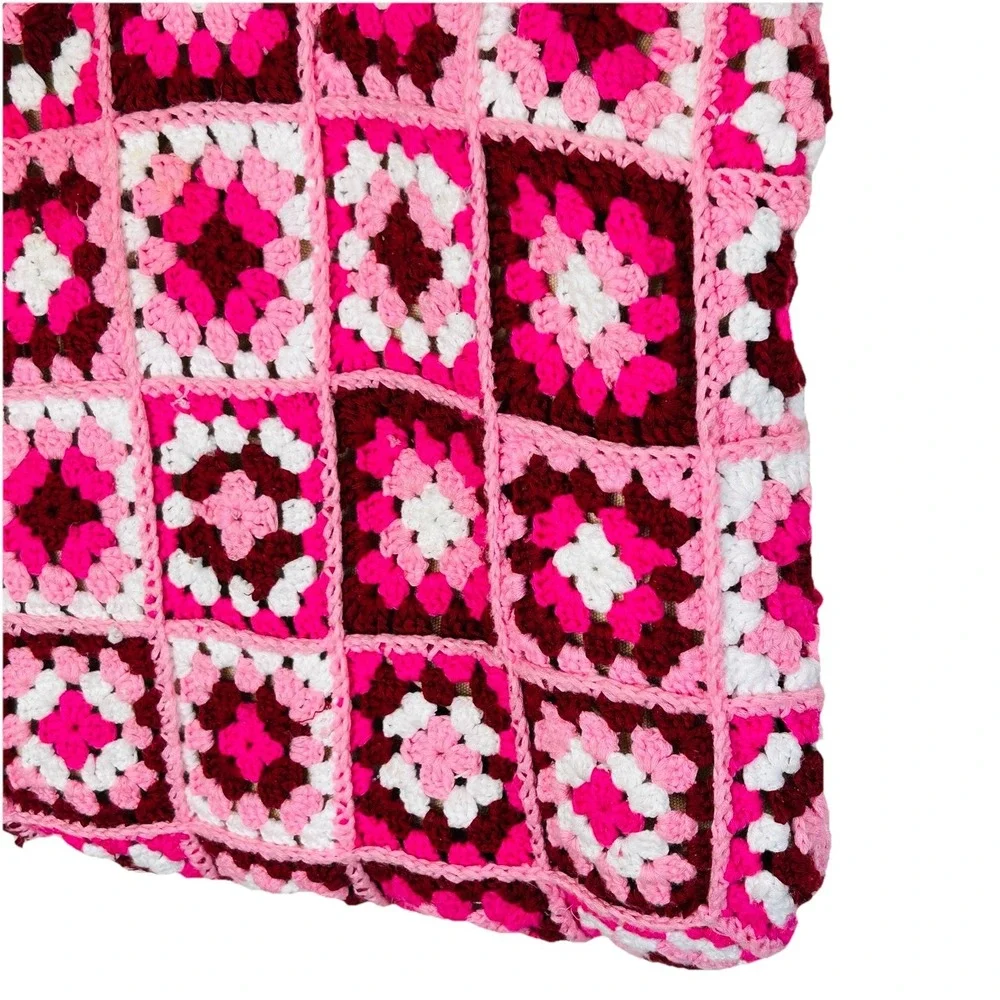 Boho Crochet Granny Square Purse Handbag Bamboo Style Handles Retro‎ Hippie Pink